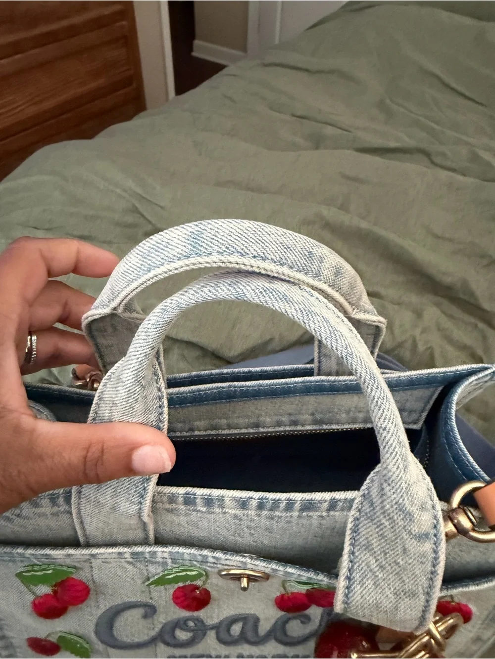 Coach Denim Cargo Bag 26 with Cherry Embroidery